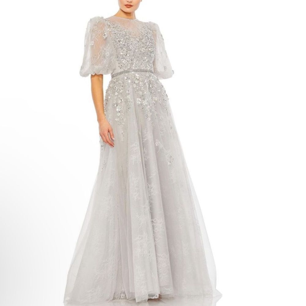 Mac Duggal Silver Embellished Tulle Gown